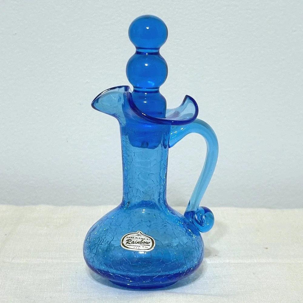 Rainbow Art Glass Cobalt Blue Crackle Glass Decanter Pitcher Triple Ball Stopper